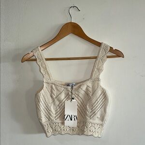 NWT ZARA Cream Crochet Crop Top with Scalloped Straps